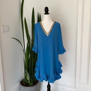 Teria Yabar Madrid Blue V Neck Ruffle Trim Dress